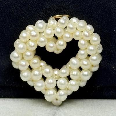 Cultured Pearl Heart Pendant With 14K Gold Bail- 1.25" Long