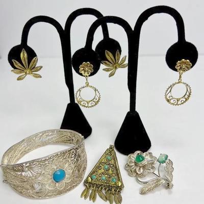 Sterling Silver Filligree Bracelet, Brooches, Earrings