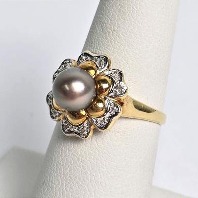 18K Gold 6.4mm Gray Pearl Ring -  Size 6