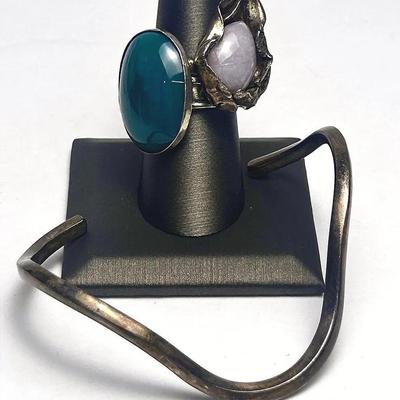 Sterling Silver Rings & Cuff Bracelet - Jadeite & Chrysoprase - Size 8 & 9