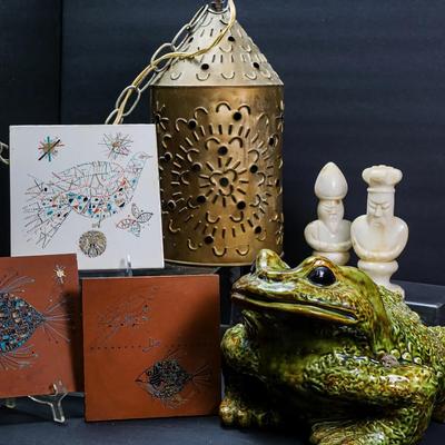Vintage Arnels Ceramic Frog 10.5”, MCM Tiles, Pierced Metal Swag Lamp, Alabaster Chess Figurines