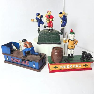 Reproduction Cast Iron Banks - Football, Bowling & Trick Dog