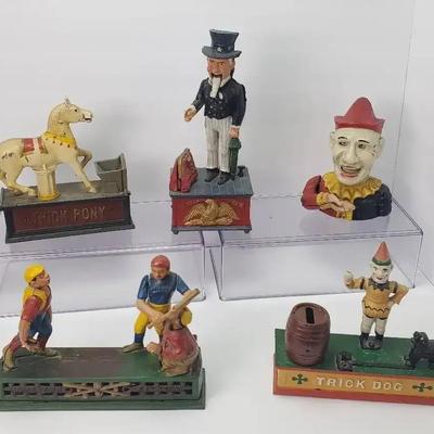 Reproduction Cast Iron Mechanical Coin Banks - Uncle Sam, Trick Dog & Pony, More