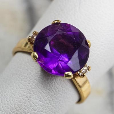 14K Gold Amethyst & Diamond Ring - Size 5.25