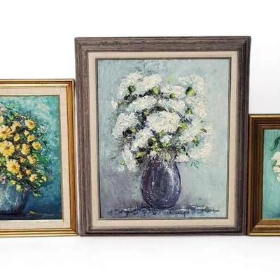 Signed Vintage Floral Still Life Paintings On Board
