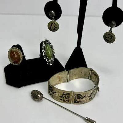 Sterling Silver Aztec Bracelet & Earring Set, Rings, Scarab Stick Pin