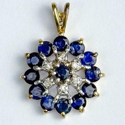 14K Gold Sapphire & Diamond Cluster Pendant - 1/2" Dia