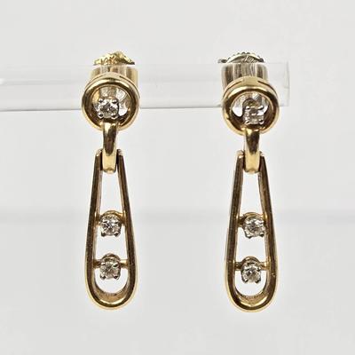 14K Gold Diamond Dangle Earrings - 1" Long