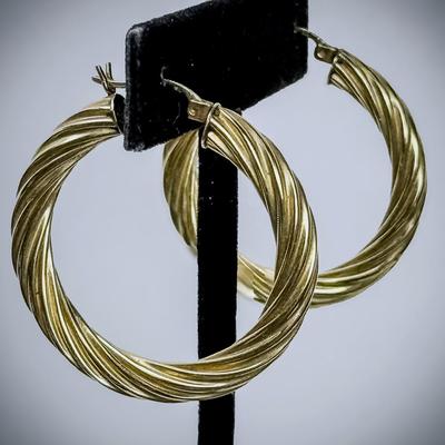 14K Gold Spiral Hoop Earrings, Hollow - 1 3/8" Dia