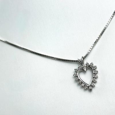14K White Gold Diamond Accented Heart Pendant On 14K Box Chain Necklace – 17"