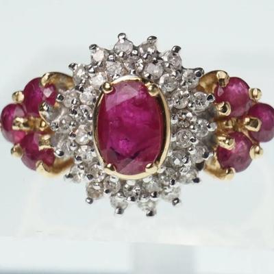 14K Gold Ruby Diamond Halo Ring- Size 6.5