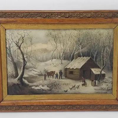 19th Century Currier & Ives Reproduction Painting On Canvas “A Home In The Wilderness”