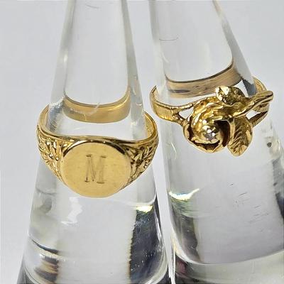 14K Gold Signet & Rose With Diamond Accent Rings -  Size 3.25