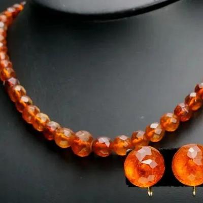 14K Gold Faceted Amber Necklace & Screwback Earrings