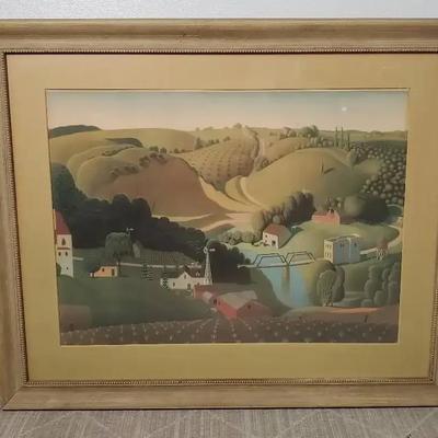 After Grant Wood - Vintage Print “Stone City”, Framed 31x39”