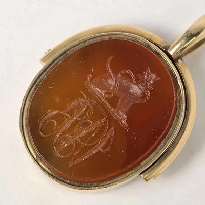 14K Gold Vintage Swivel Fob Seal Carnelian & Bloodstone Pendant - 1.75" Long