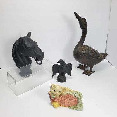 Cast Iron Duck 14”, Hitch Post Horse Bead, Eagle Finial & Cat Door Stop