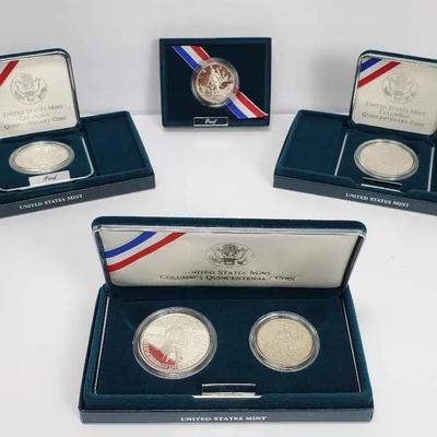 90% Silver Dollar Proof Coins (3)- Columbus Quincentenary, Plus Clad Half Dollars (2)