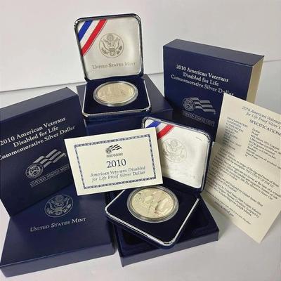 90% Silver Proof Silver Dollars (2) - 2010 America Veterans Disabled For Life
