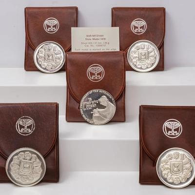 935 Silver Bar-Mitzvah Israel State Medals (5) With COAs