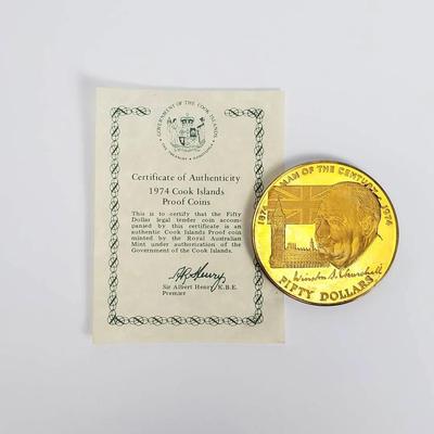 1974 Sterling Silver Proof Cook Islands $50 Churchill Coin, Uncirculated with Certificate
