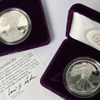 1993 P American Eagle 99.9% Silver Proof Coins (2)