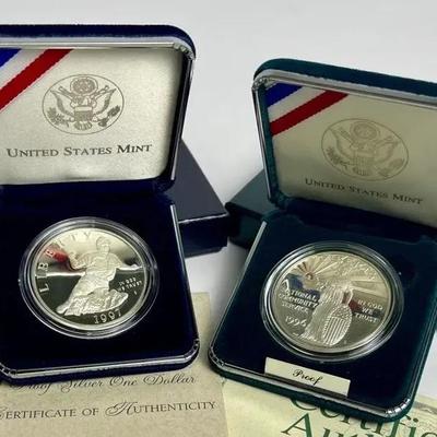US Mint 90% Silver Proof Dollar Coins (2): Jackie Robinson & National Community Service