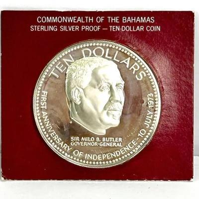 1974 Sterling Silver Proof Bahamas $10 – 1st Anniversary of Independence, Uncirculated