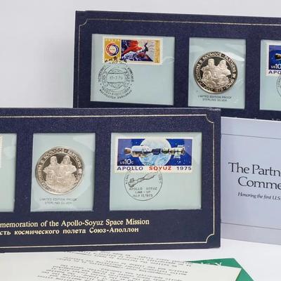 Sterling Silver Apollo Soyuz Commemorative Coins & Stamps Sets - Franklin Mint