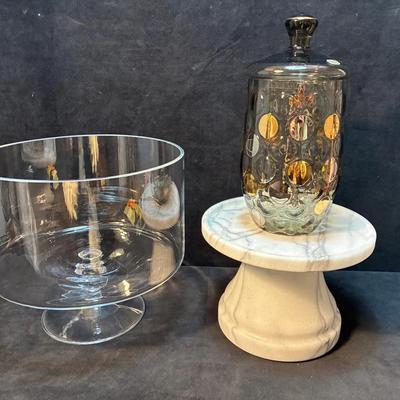 Crate barrel marble cake stand, bohemia glass canister