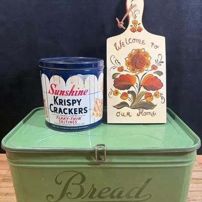 Vintage bread cracker tins & wood cutting board
