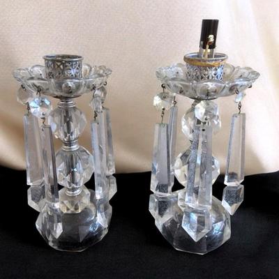 Vintage glass cube boudoir hurricane lamp w: crystal prisms