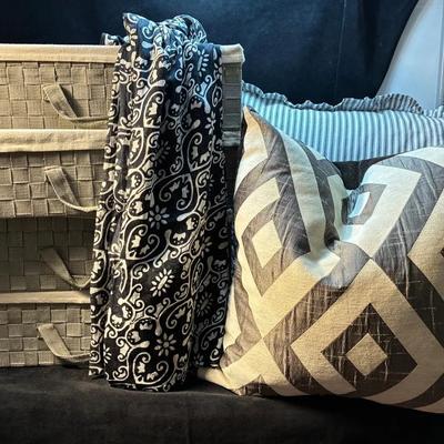Storage baskets drapery panels and decorative pillows