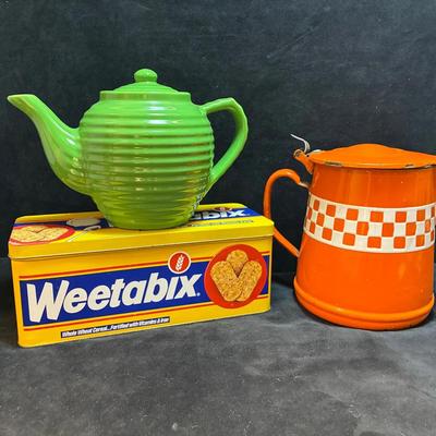 Vintage enamel kettle and weetabix tin