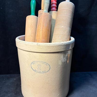 Marshall pottery crock and rolling pins