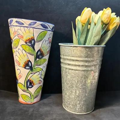 Pat espey pottery vase metal flower bin
