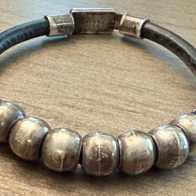 Vintage Sterling Silver Mexico Leather And Ball Bead 8" Bracelet