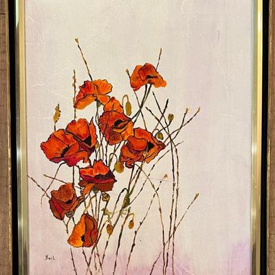 Vintage Original Neil Chambers Poppies Painted On Canvas With Wood And Brass Frame