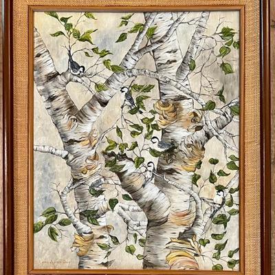 Original Linda Jerini Buis 1991 " Camaraderie In The Birchwoods" Oil On Canvas In Custom Wood Frame