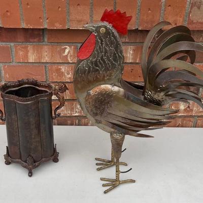 Brass And Metal 19.5" Rooster Sculpture And A Bronze Tone Metal 11" Urn