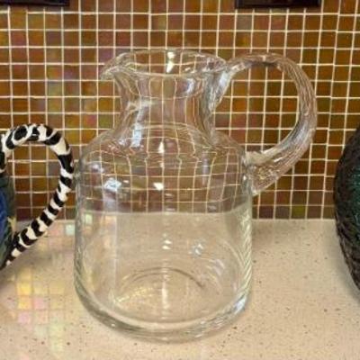 Vintage Lydia Corneille Cat Tea Pot, Clear Pitcher, And A Dark Green Glass Pitcher
