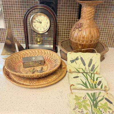 Home Decor - Brass Sail Boat, Japan Quarts Clock, Wicker Baskets, Outdoor Wall Hanging, And More