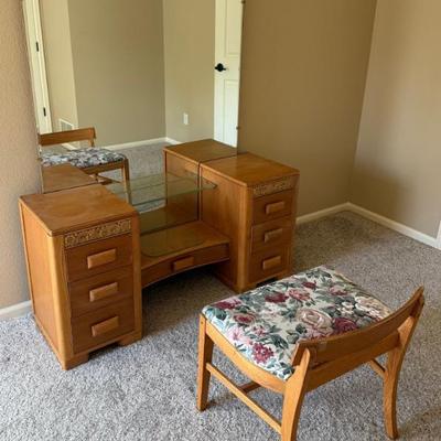 1940's Art Deco Waterfall Wood Vanity With Mirror And Chair