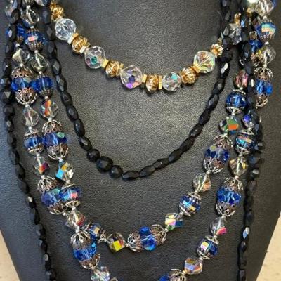 (2) Vintage Stunning Vendome Crystal Bead Necklaces(1) Double Strand & One Jet Glass Bead Necklace