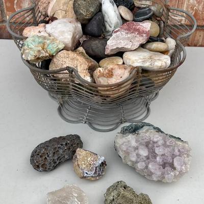 Metal Basket With Assorted Polished Rocks, Partial Geodes, Quarts, Pyrite, Turquoise, And More