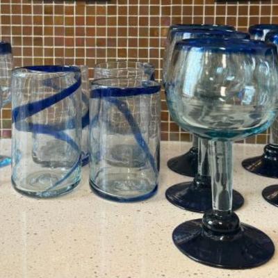 (14) Hand Blown Mexico Blue And Clear Art Glass Wine, Low Ball, And Liqueur Glasses