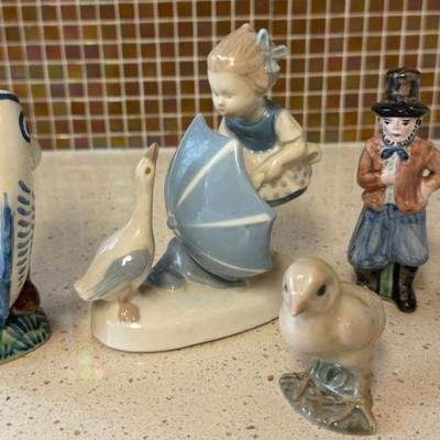 Royal Copenhagen Boy With Fish, Baby Duck (as Is), (2) L Hjort Denmark Figurines, Carl Schneider Germany Girl