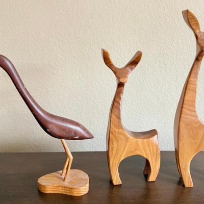 (2) Hand Carved MCM Wood Deer And A Walter Larson 1973 Carved Bird