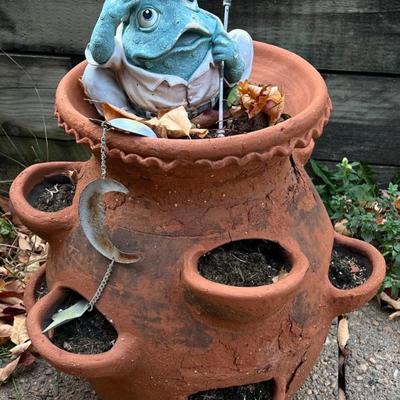 Terracotta Strawberry Pot With A Resin Frog And Metal Moon And Stars Chain