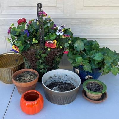 Small Lot Of Assorted Brass And Terracotta Plant Pots And A Basket With Faux Flowers